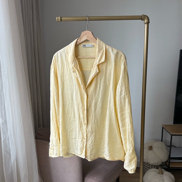 Zara Pastel Yellow 100% LINEN SHIRT, size L - Picture 2 of 3